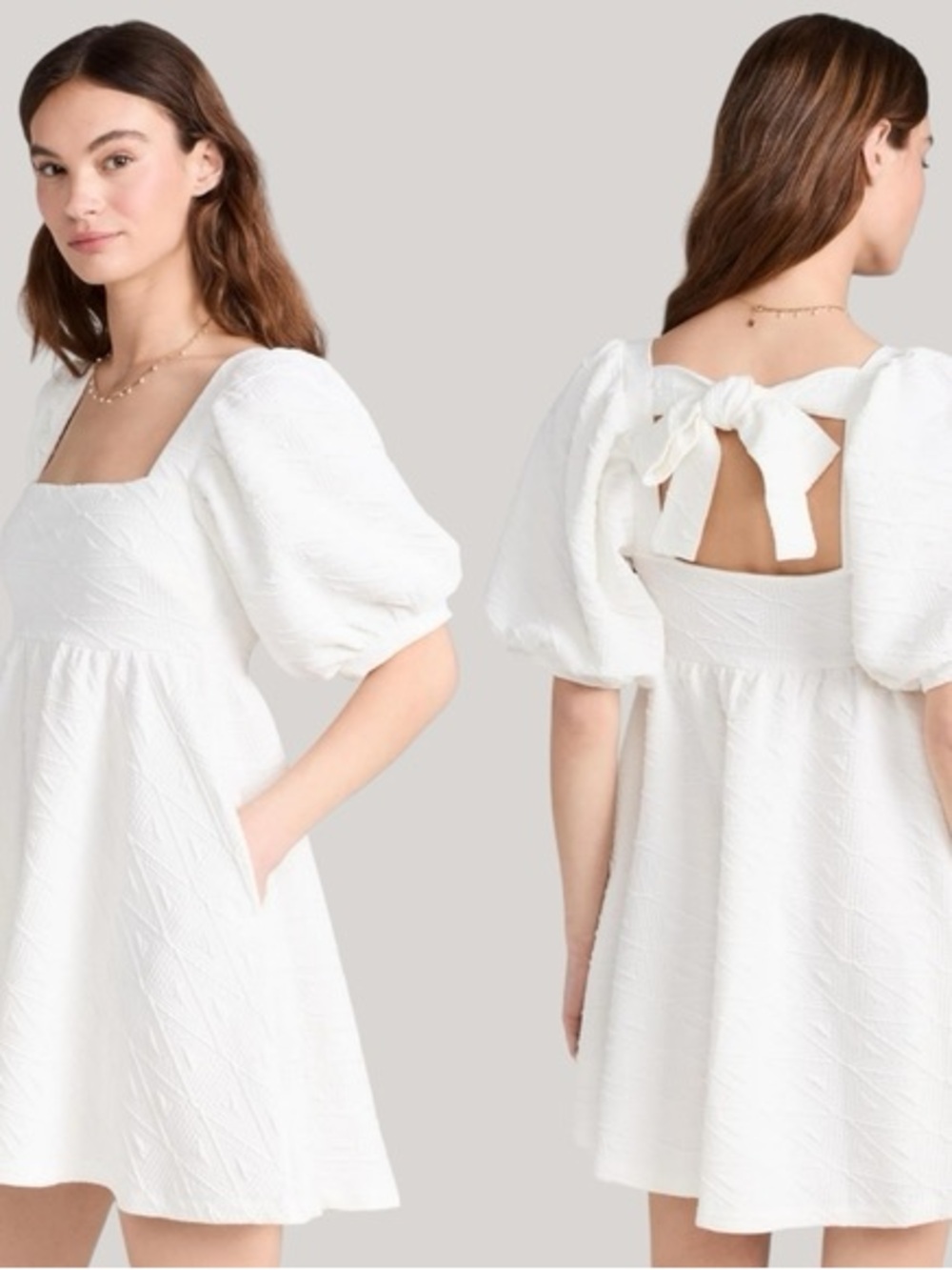 Aura White Textured Dress with Puff Sleeves